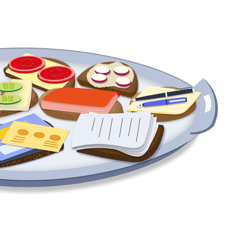 A plate with sandwiches that have office toppings like pens and paper