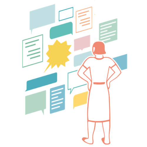 An illustrated person looking at speech bubbles