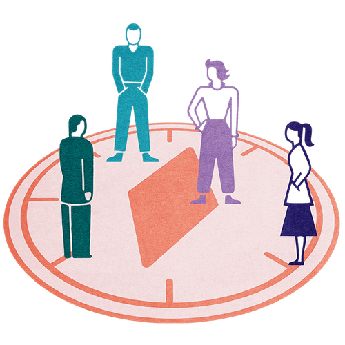 Illustration, die vier Personen auf einem Kompass stehend zeigt