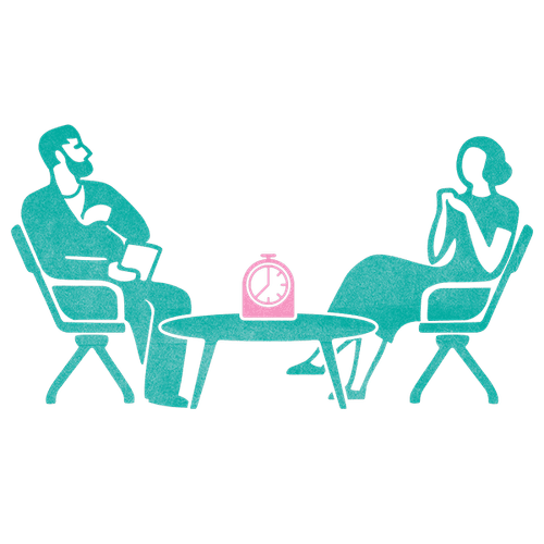 Illustration of two people sitting opposite each other at a table