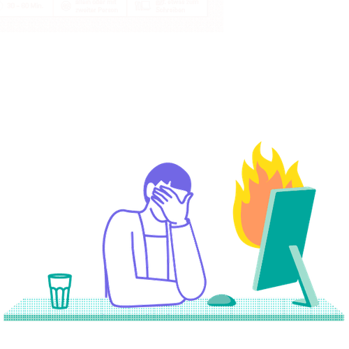 Eine Person sitzt vor einem Bildschirm, der in Flammen steht