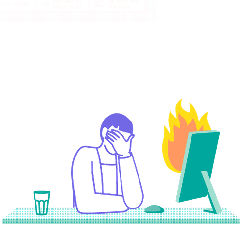 A person is sitting in front of a screen that is on fire.