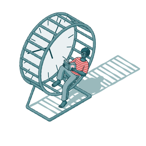 Eine Person liegt in einem großen Hamsterrad und liest entspannt ein Buch