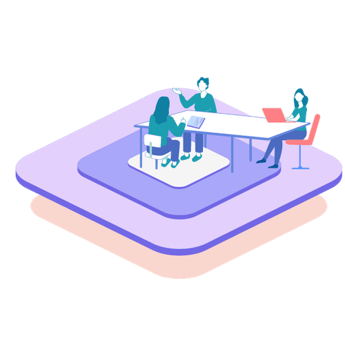 Drei Personen sitzen gemeinsam an einem langen Tisch