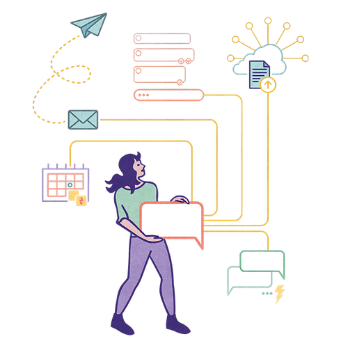 Illustration von einer Person, die viele unterschiedliche Kommunikationswege und -tools nutzt