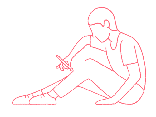 A person sitting on the ground, drawing their own silhouette.