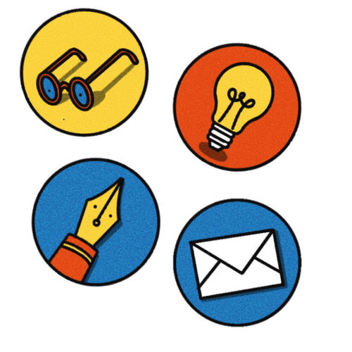Vier runde Grafiken, die eine Brille, eine Glühbirne, einen Füller und einen Brief zeigen