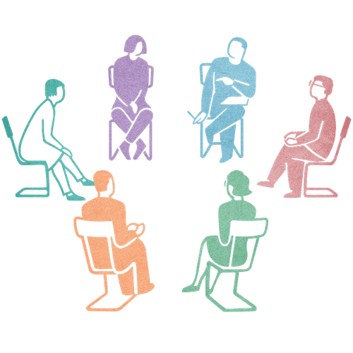 Illustration von sechs Menschen, die in einem Sitzkreis sitzen
