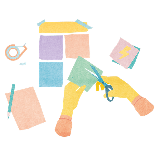 Zwei Hände, die Papier zerschneiden und ein Blatt mit Stift sowie ein Tesamfilm