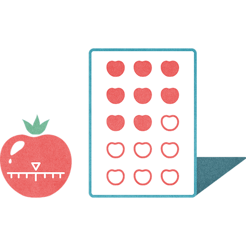 Eine illustrierte Tomate und ein Blatt mit ausgefüllten und nicht ausgefüllten Tomaten