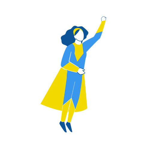 Eine Person im Superheldenanzug mit einer Faust nach oben