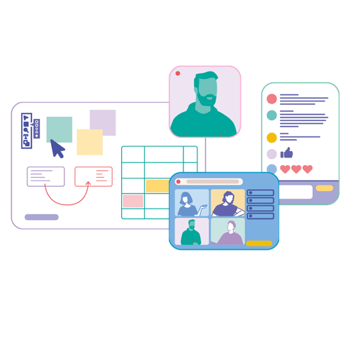 Vier zusammengesetzte Grafiken, die ein Whiteboard, einen Nutzer, einen Chat und eine Teamkonferenz darstellen