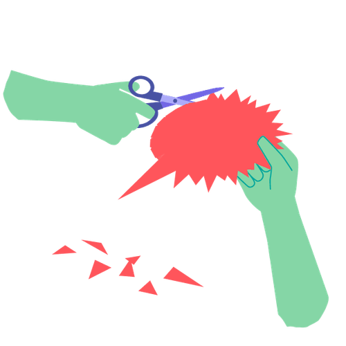 Zwei Hände, die mit einer Schere eine gezackte Sprechblase durchschneiden