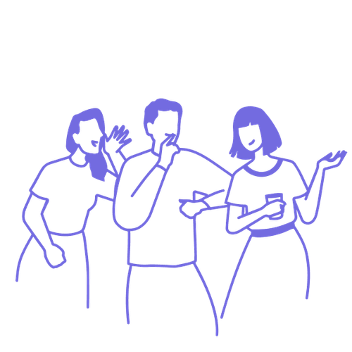 Drei Personen, die lachen, reden und mit ihren Händen und Armen gestikulieren