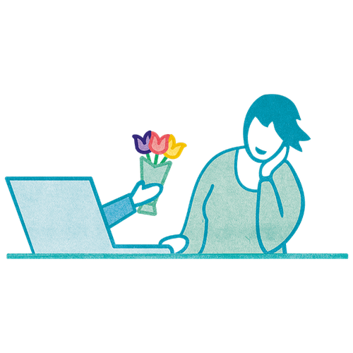 illustration of a hand gifting flowers through a laptop to a woman