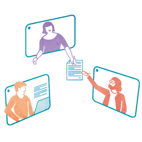 Illustration von drei Personen, die remote miteinander arbeiten